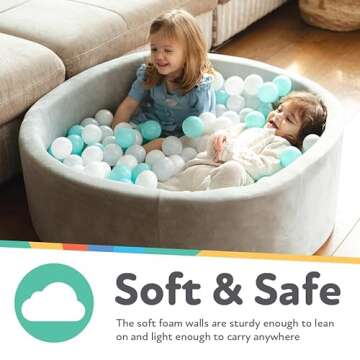 Nuby Velvet Ball Pit - 200 Balls Included - Soft Play Foam Ball Pits for Baby and Toddlers with 200 Colored Balls, Ball Pit Playpen, Indoor Play Gym, Outdoor Play Ball Pit for Babies, Aqua & Gray