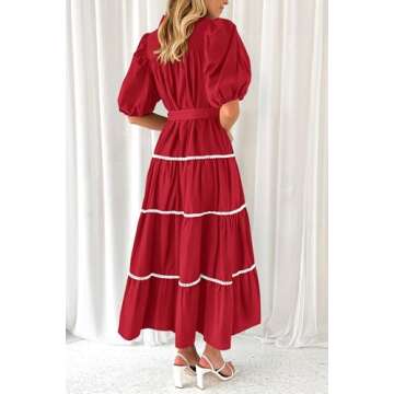 PRETTYGARDEN Women's Summer Button Down Shirt Dress Short Puffy Sleeve Tiered Ruffle Flowy Long Maxi Dresses (Red,Medium)