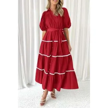 PRETTYGARDEN Women's Summer Button Down Shirt Dress Short Puffy Sleeve Tiered Ruffle Flowy Long Maxi Dresses (Red,Medium)