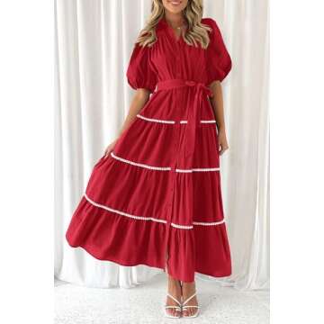 PRETTYGARDEN Women's Summer Button Down Shirt Dress Short Puffy Sleeve Tiered Ruffle Flowy Long Maxi Dresses (Red,Medium)