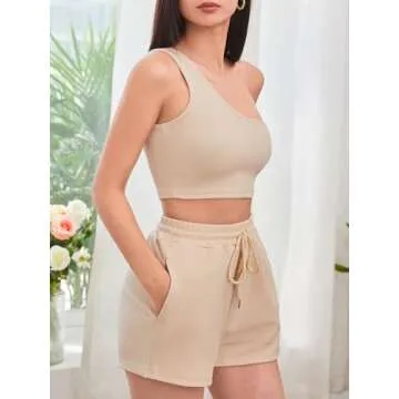 Verdusa Women's One Shoulder Tank Top and Lounge Shorts 2 Piece Tracksuit Set Khaki S