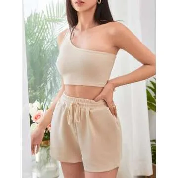 Verdusa Women's One Shoulder Tank Top and Lounge Shorts 2 Piece Tracksuit Set Khaki S