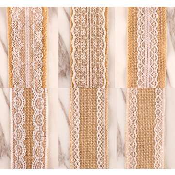 ilauke 6 Rolls Burlap Ribbon with White Lace Trims Tape, 20 Yards Lace Ribbon, Lace Burlap Wired Ribbon for Rustic Wedding Invitations, Bow, Wreath, DIY Crafts, Christmas Decorations