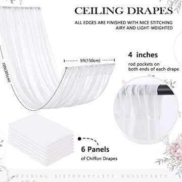 MoKoHouse White Ceiling Drapes for Weddings 6 Panels 5ftx10ft Wedding Arch Draping Fabric Chiffon Curtain for Party Ceremony Stage Wedding Decoration