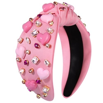 YAHPERN Valentine’s Day Headband for Women Red Pink Heart Knotted Headband Jeweled Rhinestone Crys...