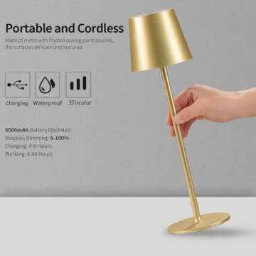 BGFHome Cordless Table Lamp LED Desk lamp,5000mAh Rechargeable Touch Night Light Wireless Minimalist Design for/Restaurant/Bedroom/Bars/Outdoor Party/Camping/Coffee Shop(2 Pack Gold)…