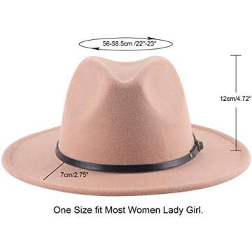 Lanzom Women Lady Retro Wide Brim Floppy Panama Hat Belt Buckle Wool Fedora Hat Fit Size 6 8/7-7 1/4 (Camel, One Size)