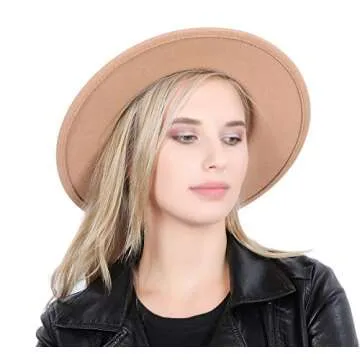 Lanzom Women Lady Retro Wide Brim Floppy Panama Hat Belt Buckle Wool Fedora Hat Fit Size 6 8/7-7 1/4 (Camel, One Size)