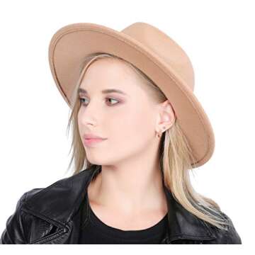 Lanzom Women Lady Retro Wide Brim Floppy Panama Hat Belt Buckle Wool Fedora Hat Fit Size 6 8/7-7 1/4 (Camel, One Size)