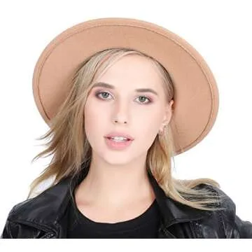 Lanzom Women Lady Retro Wide Brim Floppy Panama Hat Belt Buckle Wool Fedora Hat Fit Size 6 8/7-7 1/4 (Camel, One Size)
