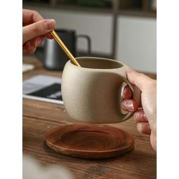 Tvvtuww Coffee Cup Mug Espresso Cups Set, 8 Oz Ceramic Cup with Natural Acacia Wood Saucer for Espresso, Latte, Cappuccino Coffee, Tea, Unglazed Porcelain Arty Mug (Natural Earthiness Finish)