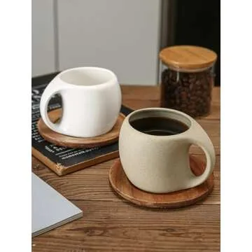 Tvvtuww Coffee Cup Mug Espresso Cups Set, 8 Oz Ceramic Cup with Natural Acacia Wood Saucer for Espresso, Latte, Cappuccino Coffee, Tea, Unglazed Porcelain Arty Mug (Natural Earthiness Finish)