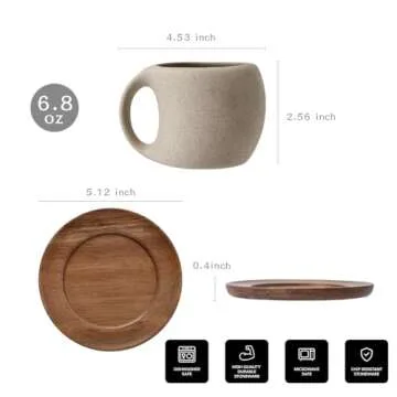 Tvvtuww Coffee Cup Mug Espresso Cups Set, 8 Oz Ceramic Cup with Natural Acacia Wood Saucer for Espresso, Latte, Cappuccino Coffee, Tea, Unglazed Porcelain Arty Mug (Natural Earthiness Finish)