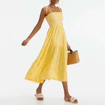 Summer Boho Maxi Dresses Sundresses for Women 2024 Floral Embroidered Tie Strap Smocked Ruffle Beach...