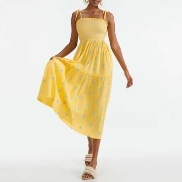 Summer Boho Maxi Dresses Sundresses for Women 2024 Floral Embroidered Tie Strap Smocked Ruffle Beach Long Dress Yellow