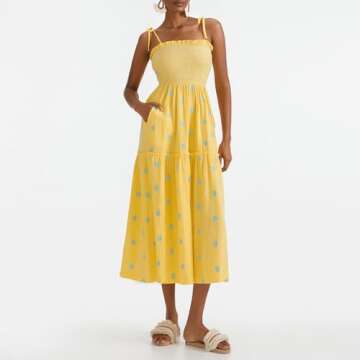 Summer Boho Maxi Dresses Sundresses for Women 2024 Floral Embroidered Tie Strap Smocked Ruffle Beach Long Dress Yellow