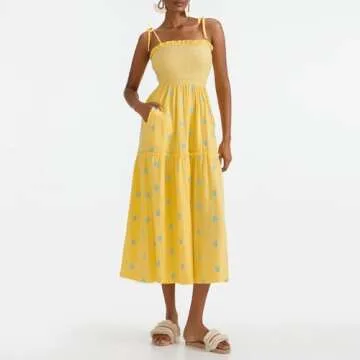 Summer Boho Maxi Dresses Sundresses for Women 2024 Floral Embroidered Tie Strap Smocked Ruffle Beach Long Dress Yellow