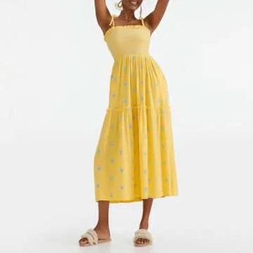 Summer Boho Maxi Dresses Sundresses for Women 2024 Floral Embroidered Tie Strap Smocked Ruffle Beach Long Dress Yellow