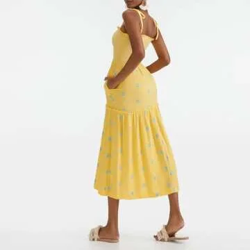 Summer Boho Maxi Dresses Sundresses for Women 2024 Floral Embroidered Tie Strap Smocked Ruffle Beach Long Dress Yellow