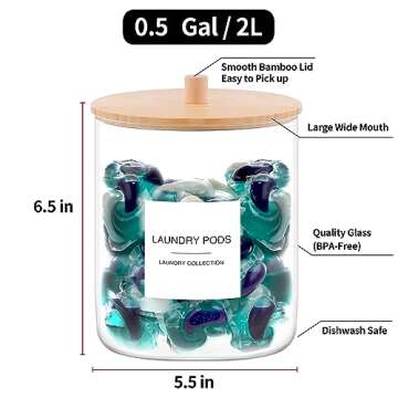 TIPGO Glass Jars for Laundry Room Organization, Laundry Pods Container with 27 Labels, Detergent Holder with Bamboo Lid, Cute Storage Jars (Set of 1)