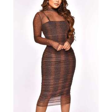 Hoefirm Sheer Midi Dress for Women Sexy Printed See Through Long Sleeve Ruched Dress Bodycon Party Club Night Dress Leopard M