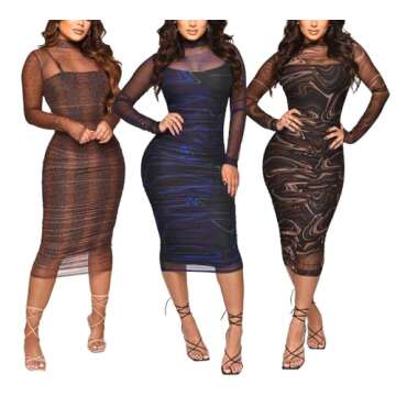Hoefirm Sheer Midi Dress for Women Sexy Printed See Through Long Sleeve Ruched Dress Bodycon Party Club Night Dress Leopard M