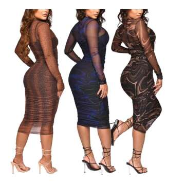 Hoefirm Sheer Midi Dress for Women Sexy Printed See Through Long Sleeve Ruched Dress Bodycon Party Club Night Dress Leopard M