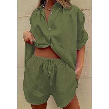 Meenew 2 Piece Outfits for Women Button Down Shirts and Shorts Set Summer Matching Set Loungewear Pajama Set M Army Green