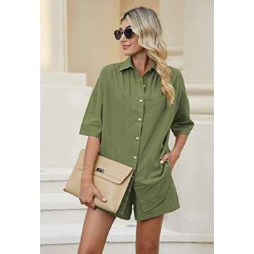 Meenew 2 Piece Outfits for Women Button Down Shirts and Shorts Set Summer Matching Set Loungewear Pajama Set M Army Green