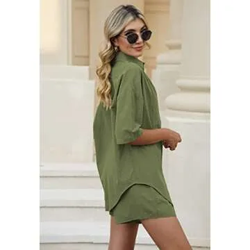 Meenew 2 Piece Outfits for Women Button Down Shirts and Shorts Set Summer Matching Set Loungewear Pajama Set M Army Green