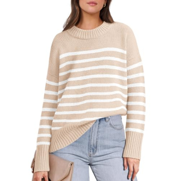 ANRABESS Women Fall Fashion Sweaters Striped Long Sleeve Crewneck Loose Fit Cozy Knit Trendy Pullove...