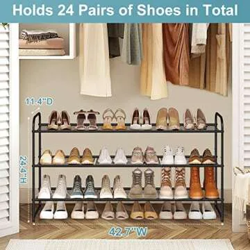 AOODA Long 3 Tier Metal Shoe Rack for Closet Wide Stackable Shoe Storage Organizer for Entryway, Bedroom, Floor, 24-Pairs Men Sneakers Shoe Shelf with Wire Grid, Black