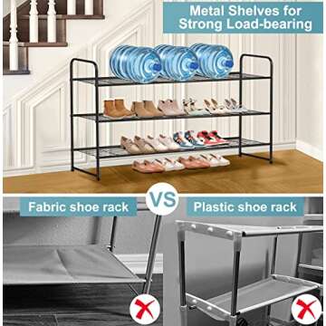 AOODA Long 3 Tier Metal Shoe Rack for Closet Wide Stackable Shoe Storage Organizer for Entryway, Bedroom, Floor, 24-Pairs Men Sneakers Shoe Shelf with Wire Grid, Black