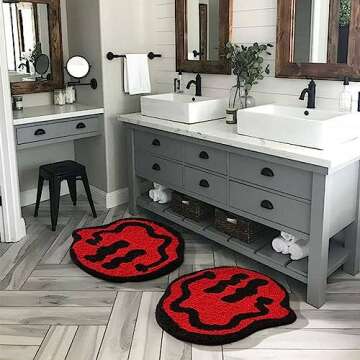 Estmy Cute Hippie Funky 3ft Round Rug for Bathroom Bedroom Dorm Kitchen Non Slip Washable, Happy Face Red and Black Retro Vintage Trippy Aesthetic Circle Throw Accent Rugs Bath Mat
