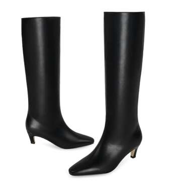 Modatope Black Knee High Boots Women Kitten Low Heel High Boots Square Toe Long Boots Women Size 11