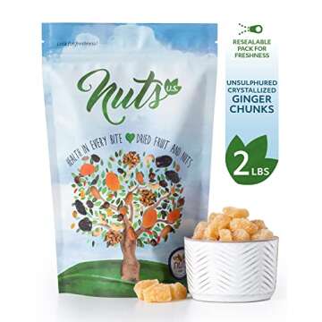 NUTS U.S. Unsulphured Crystallized Ginger Chunks | Fresh Dried Ginger in Resealable Bag (2 LBS)