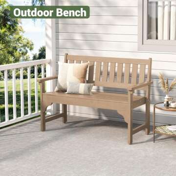 VONZOY Outdoor Garden Bench, All-Weather HDPE Park Bench with Backrest, Durable & Weatherproof 2-Person Outdoor Furniture, Teak-Look Design for Patio, Lawn, or Backyard