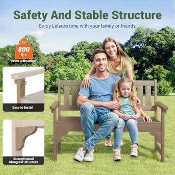 VONZOY Outdoor Garden Bench, All-Weather HDPE Park Bench with Backrest, Durable & Weatherproof 2-Person Outdoor Furniture, Teak-Look Design for Patio, Lawn, or Backyard