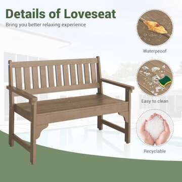 VONZOY Outdoor Garden Bench, All-Weather HDPE Park Bench with Backrest, Durable & Weatherproof 2-Person Outdoor Furniture, Teak-Look Design for Patio, Lawn, or Backyard