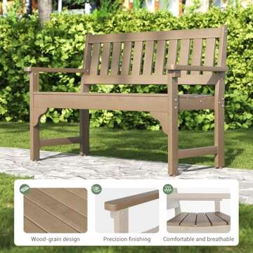 VONZOY Outdoor Garden Bench, All-Weather HDPE Park Bench with Backrest, Durable & Weatherproof 2-Person Outdoor Furniture, Teak-Look Design for Patio, Lawn, or Backyard