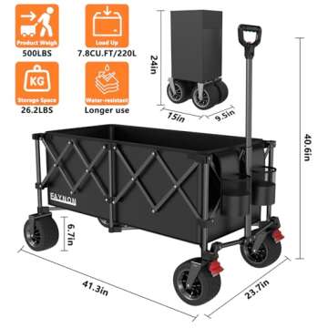 42" L Collapsible Foldable Wagon, 500LB Weight Capacity with 220L Heavy Duty Folding Wagon,Utility W...