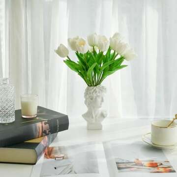 Mandy's 12pcs White Partially Open Artificial Tulip Silk Fake Flowers 13.5" for New Year Spring Mother's Day Easter Gifts in Bulk Home Kitchen Wedding Decorations