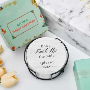 White Elephant Gifts for Adults, Funny Coasters Set of 6 with Holder Christmas Stocking Stuffers for Men Women, Gag Gifts Couples Birthday Housewarming Secret Santa Cool Friend Presents for Her Him