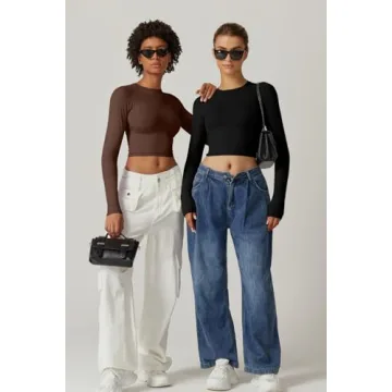 QINSEN Women's Double Lined Crop Top Slim Fit Long Sleeve