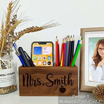 Teacher Appreciation Gifts, Personalized Pen Holder, Custom Name Solid Wood Desk Organizer, Thanksgi...