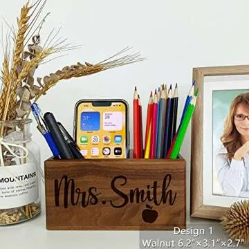 Teacher Appreciation Gifts, Personalized Pen Holder, Custom Name Solid Wood Desk Organizer, Thanksgi...