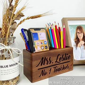 Teacher Appreciation Gifts, Personalized Pen Holder, Custom Name Solid Wood Desk Organizer, Thanksgiving Graduation Present, Retirement, Birthday, End of Year First Day of School Gift for Teacher