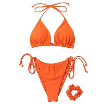 SUUKSESS Women String Triangle Bikini Sets Tie Side Thong Sexy Halter Swimsuits 2 Pieces (Orange, M)