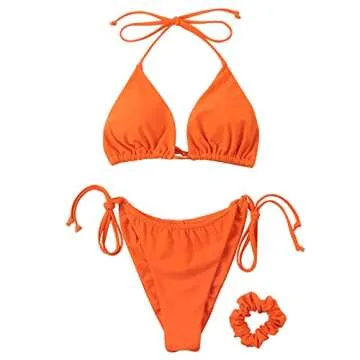 SUUKSESS Women String Triangle Bikini Sets Tie Side Thong Sexy Halter Swimsuits 2 Pieces (Orange, M)