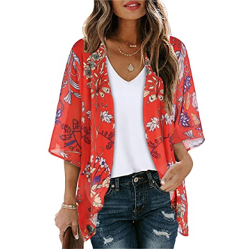 Summer Kimono Cardigan for Women - Boho Red Open Front Beach Cover Up